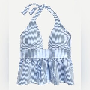 J. Crew Swimsuit Halter Top Only Peplum Seersucker Blue White Women’s Large NEW